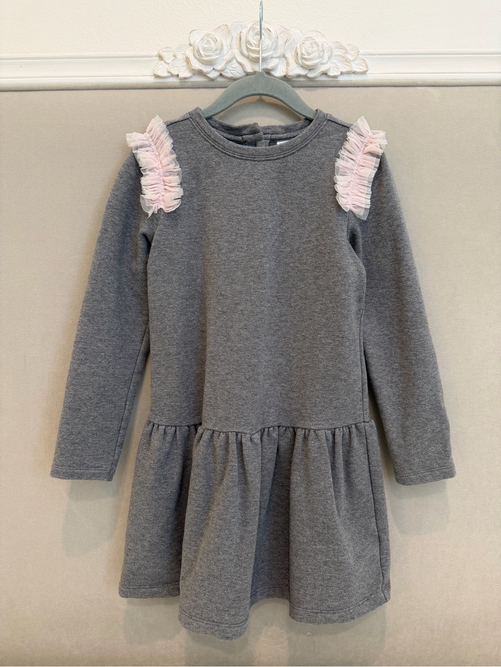 Janie and Jack Girls Grey Knit Dress with Pink Ruffle Shoulders